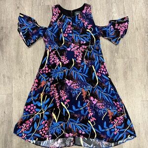 Anthropologie Maeve Elia Cold Shoulder Lined Floral Knee Length Dress Size 12